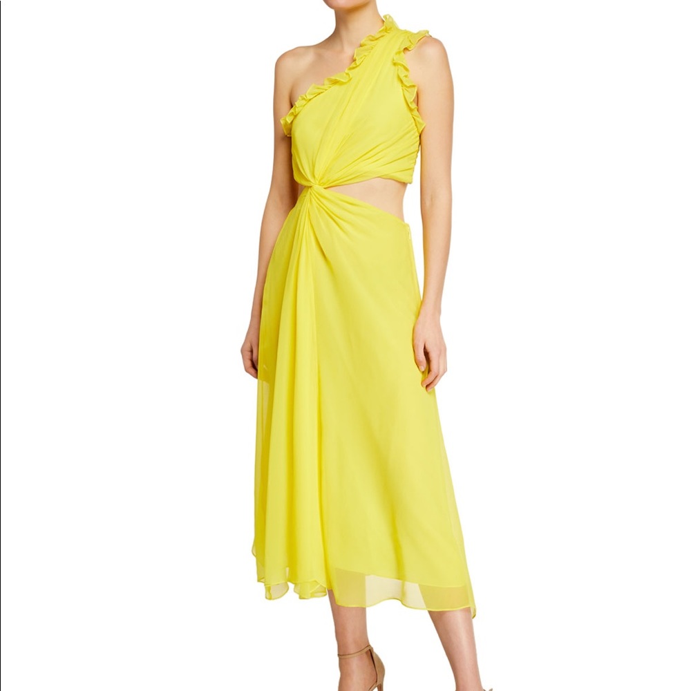 Cinq a Sept Corrine Yellow One Shoulder midi Dress - Picture 9 of 9